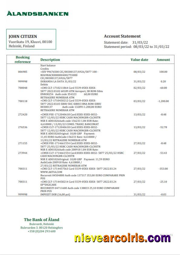 Finland Aland Bank statement, Word and PDF format
